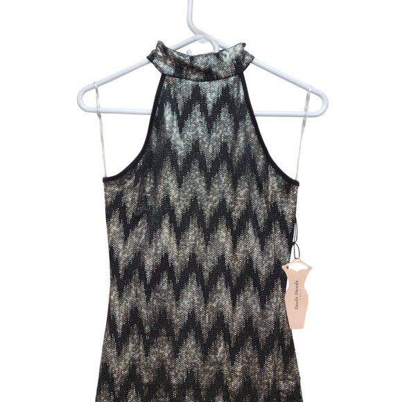 Chevron Print Bodycon Mini Dress Halter Neck Keyhole Back Haute Black Silver M - Picture 9 of 10